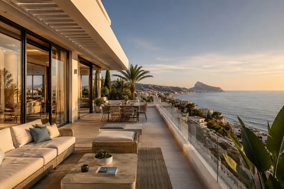 Terraza de un ático en Altea al atardecer, con salón exterior, mesa puesta y vistas a la costa