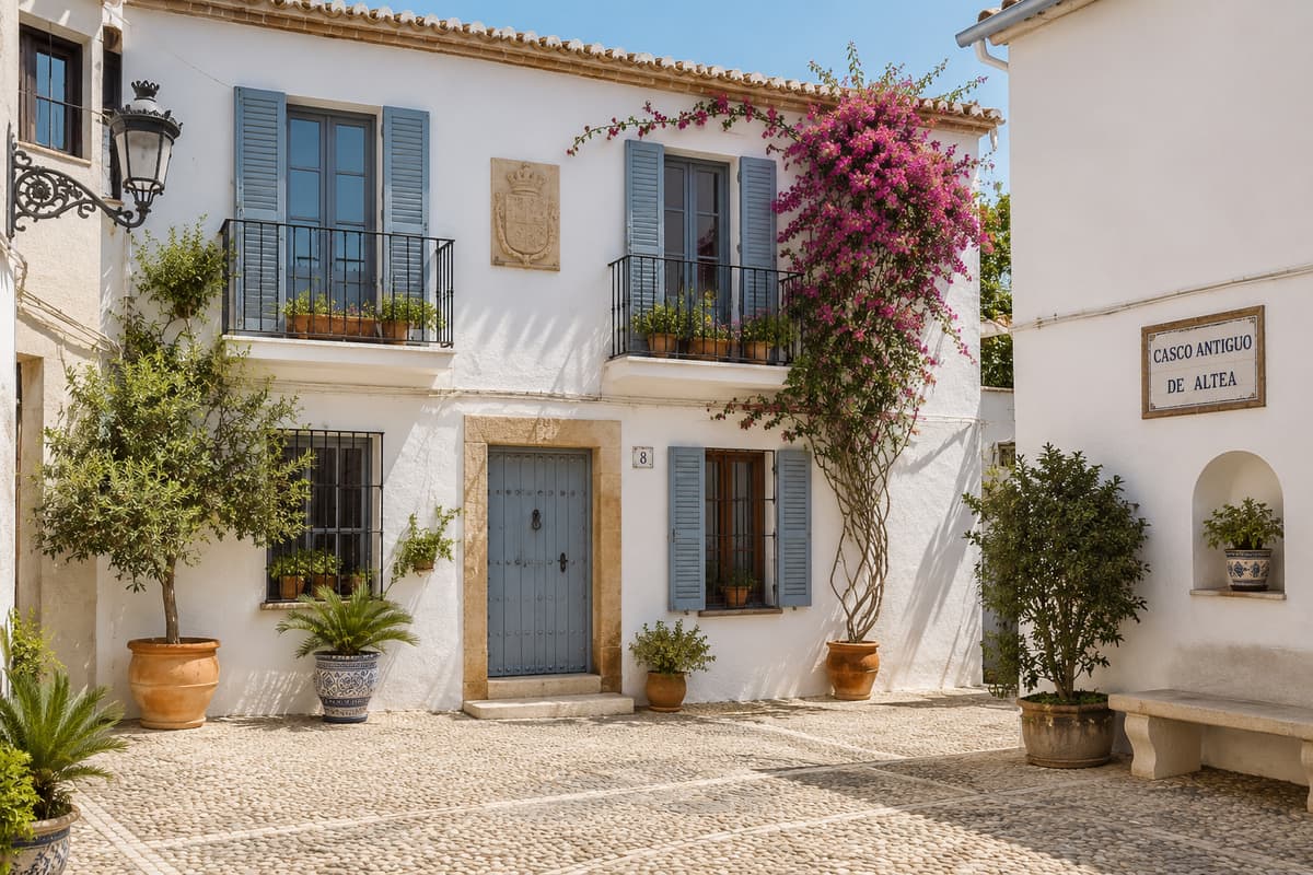 Fachada encalada de una casa de pueblo en el casco antiguo de Altea, con contraventanas azules, buganvilla y plaza empedrada