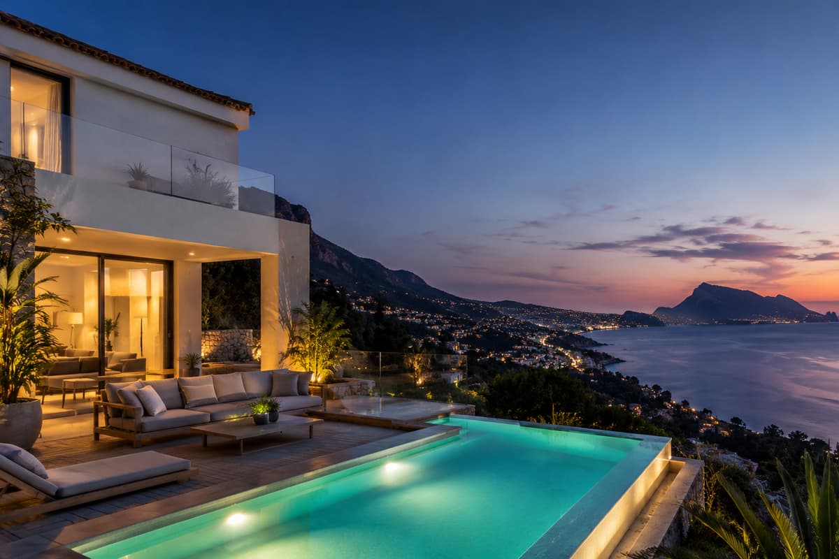 Villa moderna en Altea Hills al atardecer, con piscina desbordante iluminada y vistas a la bahía