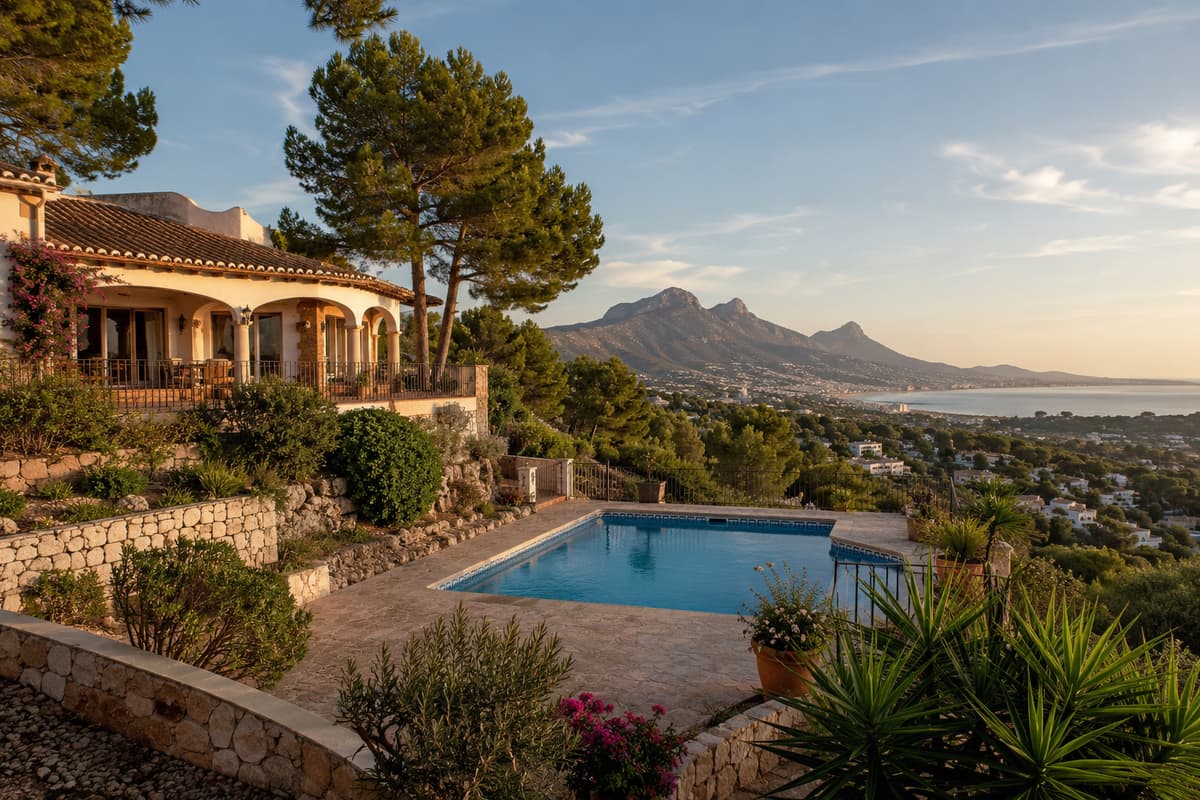 Villa de estilo mediterráneo en Sierra de Altea con porche de arcos, piscina y vistas a la bahía