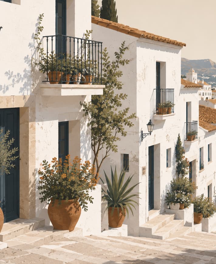 Casa de pueblo encalada en Altea con puerta de madera y macetas