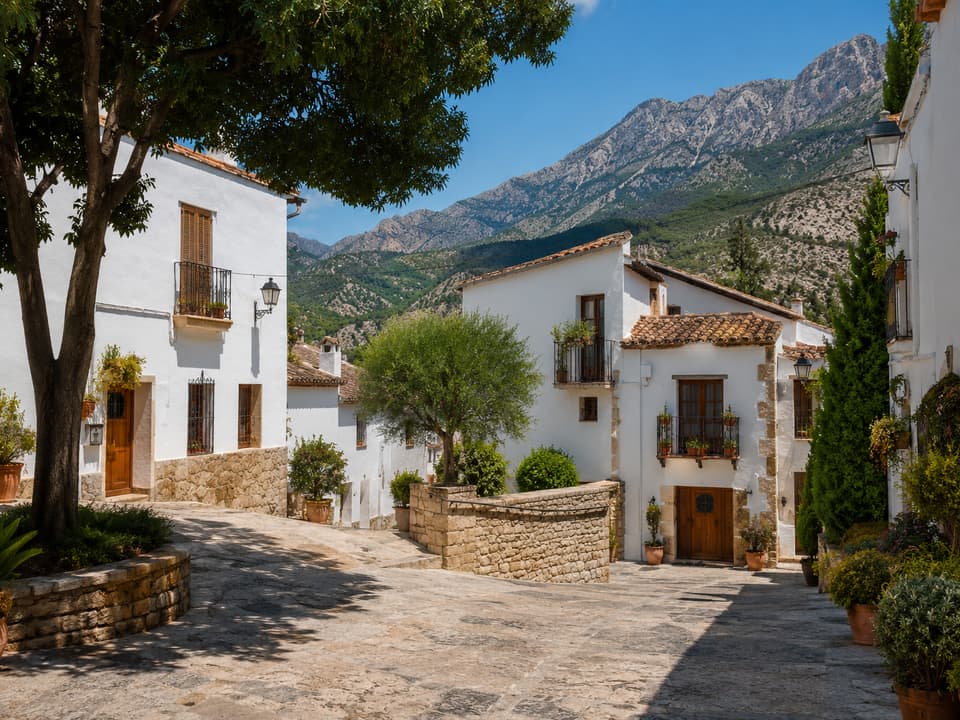 Calle empedrada del núcleo de Altea la Vella, con casas encaladas, olivos y la sierra al fondo